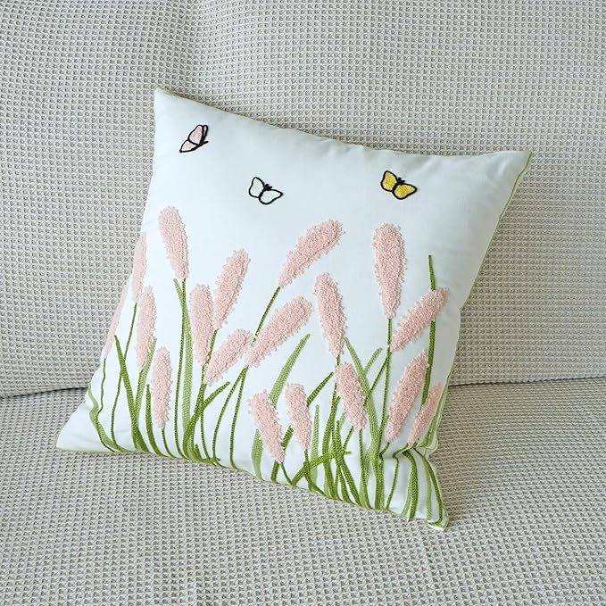 vctops Farmhouse Pampas Grass Cotton Tufted Throw Pillow Cover Boho Embroidery Pillowcase Soft Square Cushion Case for Sofa Couch Bed Chair (Light Pink,18"x18")