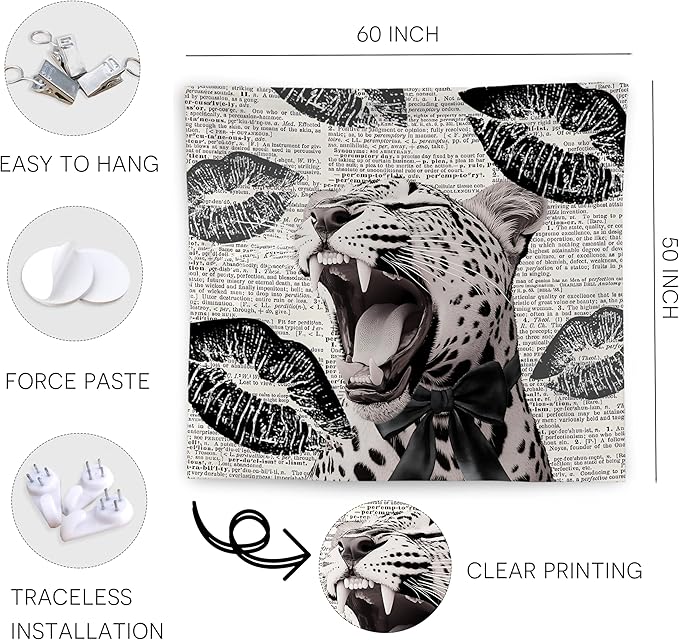 WNAGT Retro Trendy Leopard Tapestry Wall Hanging, Cheetah Leopard Room Decor, Vintage Funky Cheetah Print Lips Wall Blanket Decor for Girls Bedroom Dorm Apartment Home, 50x60 Inch(Black)