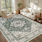 Area Rugs 10x14 Living Room Rug: Washable Rug Soft Vintage Boho Medallion Carpet Indoor Non-Slip Stain Resistant Large Carpets for Bedroom Dining Room Farmhouse Nursery Home Office Green Ivory