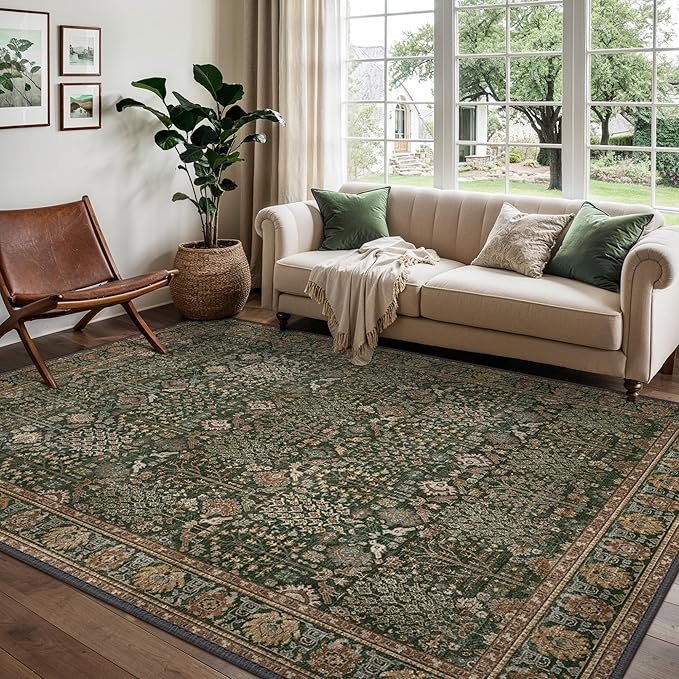 Bavni Area Rugs for Living Room, 5x7 Area Rugs Non-Slip Washable，Ultra-Thin Aesthetic Boho Rug for Bedroom Dinning Room Office, Dark Green/Multi