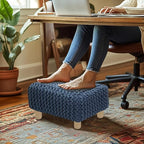 COTTON CRAFT Braided Footrest - Handknitted Dori Foot Stool with Sturdy Wood Legs – Handmade Boho Leg Rest - Small Spaces Under Desk Living Room Entryway Low Footstool Pouf - 16.5x12x9.5 - Blue