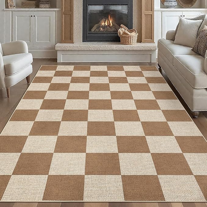 GarveeHome 9x12 Checkered Easy Jute Rugs for Bedroom Machine Washable Large Rugs Non-Slip Backing Modern Neutral Stain Resistance Carpets for Farmhouse Patio Dining Room Backyard Brown