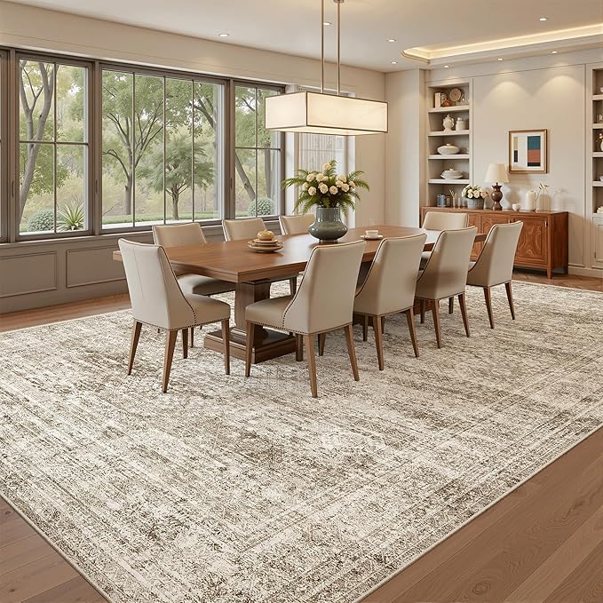 Washable Area Rug 8x12, Large Soft Rugs for Living Room Vintage Brown Carpet 8x12 Area Rugs for Bedroom Dining Room Non-Slip Stain Resistant Under Table Rug