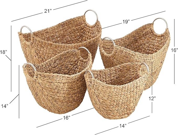 Deco 79 Seagrass Handmade Decorative and Functional Storage Basket Woven Curved Basket Organizer with Silver Metal Handles, Set of 4 Basket for Storage 14", 16", 19", 21"W, Brown