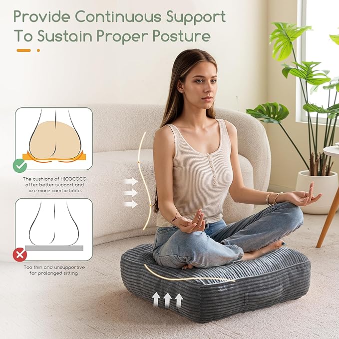 HIGOGOGO 6" Extra Thick Floor Pillow Cushion for Adults, Meditation Cushion Pillow, Large Square Floor Sitting, Tufted Corduroy Cover, for Tatami Living Room or Yoga, 22x22 Inch, 2Pack, Dark Grey