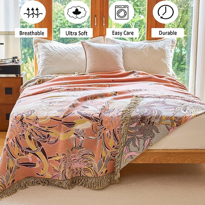 King Boho Throw Blanket 91" x 98", 100% Organic Cotton Breathable Skin-Friendly Ultra Soft Bed Quilt Throw - Floral Rustic Decor Luxury Reversible Blanket for Sofa Couch Chair and Gift