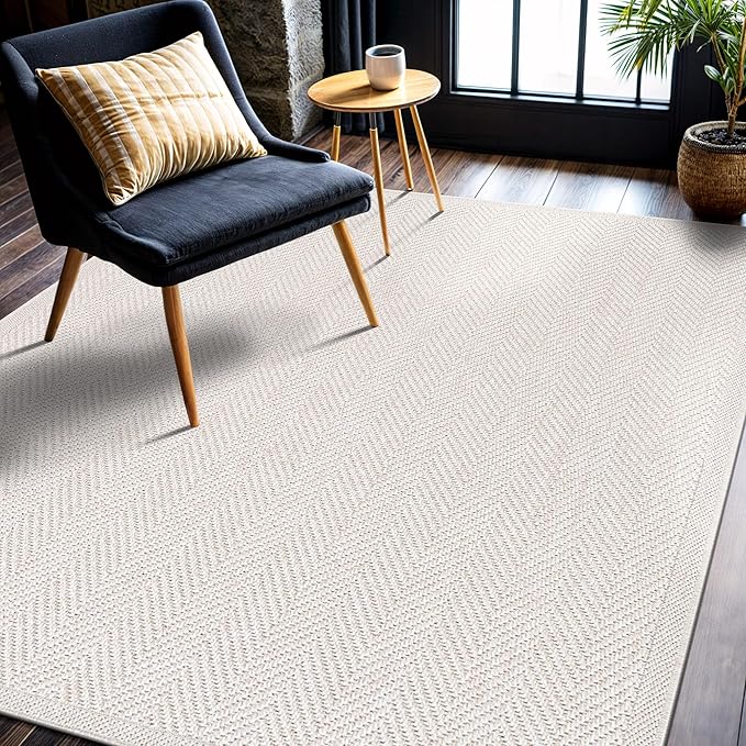 CAMILSON Easy Jute Rug 9x12, Indoor Outdoor Off-White Color Fiber Area Rugs for Living Room and Patio Rug Herringbone Seagrass Boho Woven Design Easy-Cleaning Washable Outside Carpet Alfombras 9 x 12