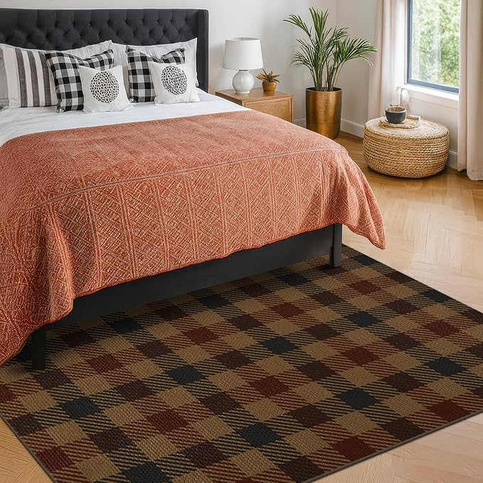 Vintage Large Plaid Area Rug for Living Room - 5x7 Easy Jute Classic Brown and Red Rug for Bedroom Under Bed, Large Entryway Outdoor Porch, Washable Non Slip Neutral Dark Brown Retro Décor