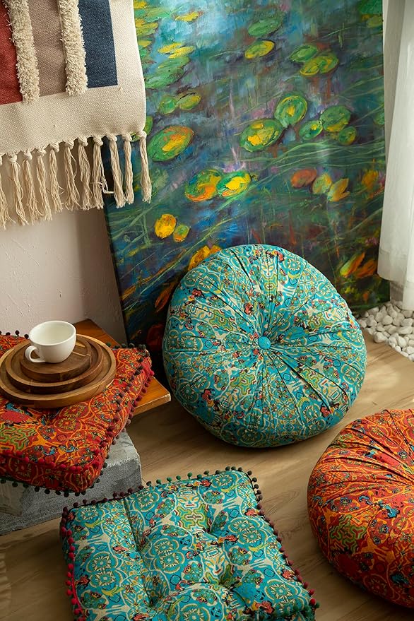 Moroccan Printed Square Chair Pads Cotton Linen Soft Comfort Chair Cushion Colorful Pompom Seat Cushions for Indoor Dining Room and Kitchen Chairs (Blue,16x16 Inch)