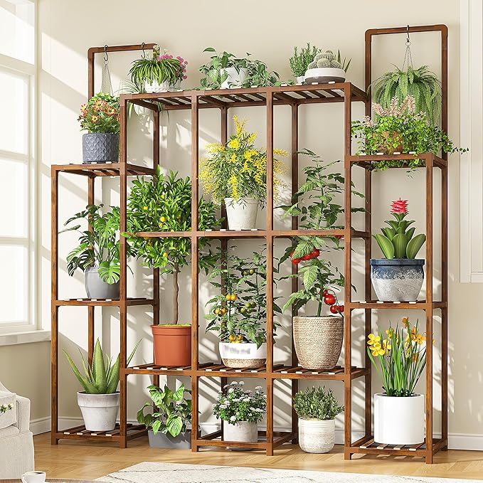 EnHomee 13 Tiers Plant Stand, Indoor Plant Stand with 18-22 Pots, Wood Plants Shelves for Living Room, Patio, Balcony, Yard, Garden, 56''W×11.6''D×47''H