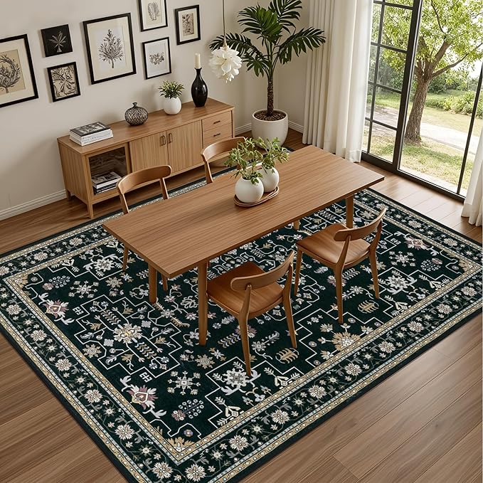 5x7 Area Rugs Living Room Rug: Washable Vintage Boho Medallion Rug No Slip Stain Resistant Soft Carpet Indoor Floor Large Carpets for Bedroom Dining Room Farmhouse Nursery Hallway Home Office Black