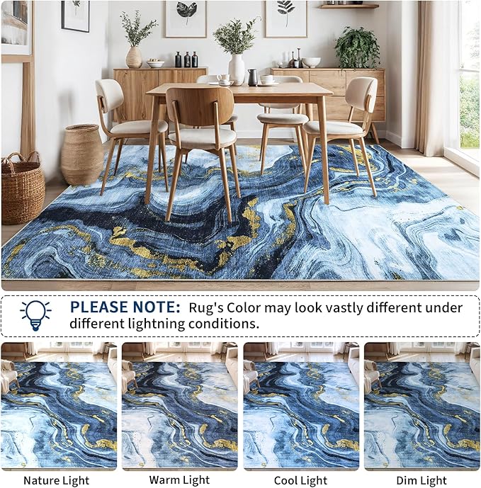 GarveeHome Large Area Rugs 9x12 Washable Modern Abstract Rug, Non-Shedding Neutral Living Room Rugs, Stain-Resistant Low Pile Abstract Floor Cover for Bedroom, Dining Room, Farmhouse, Office, Blue