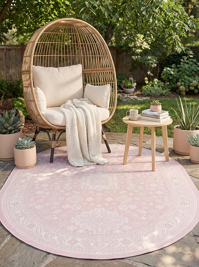 Rugs.com Outdoor Aztec Collection Rug – 5' x 8' Oval Pink Flatweave Rug Perfect for Living Rooms, Large Dining Rooms, Open Floorplans
