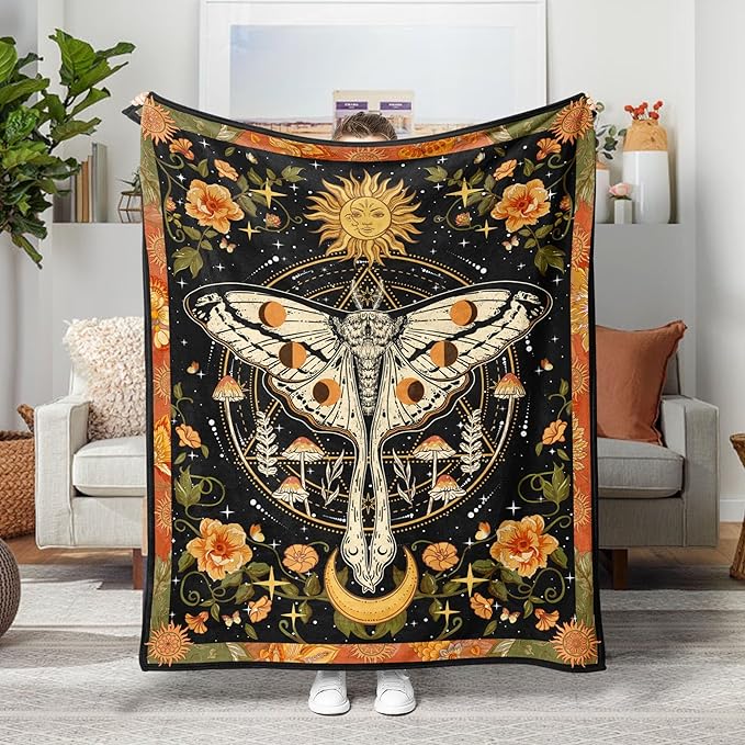 Lifeel Orange Moth Throw Blanket, Retro Boho Flower Butterfly Sun Moon Star Aesthetic Cozy Decor Nap Blankets Gift Sofa Bed Couch Chair or Dorm Throws 60×80 inches