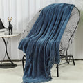 Blagic Blue Throw Blanket for Couch Soft Farmhouse Chenille Boho Throw Blanket with Tassels Home Decorative Lightweight Throw Blankets, Throws for Bed/Chair/Sofa, Stripe Textured (Dark Blue,50"x60")