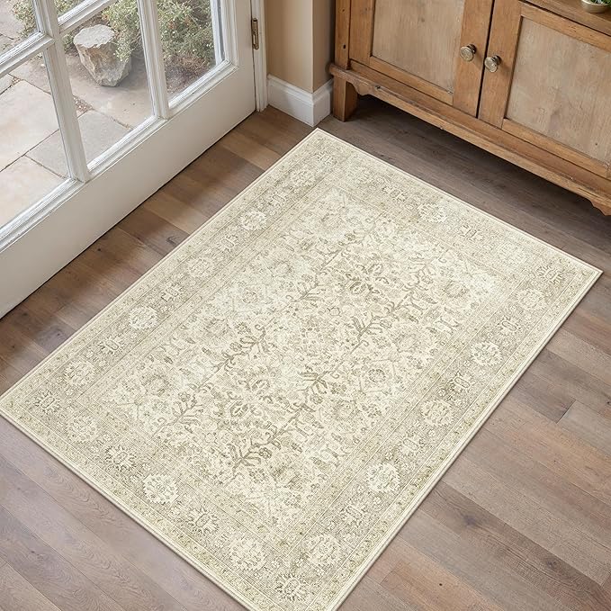 Beige Entryway Rug 2x3 Vintage Area Carpet Indoor Kitchen Washable Door Mat Living Room Entrance Small Low Pile Traditional Distressed Retro Accent Throw Rug Non Slip Office Bathroom