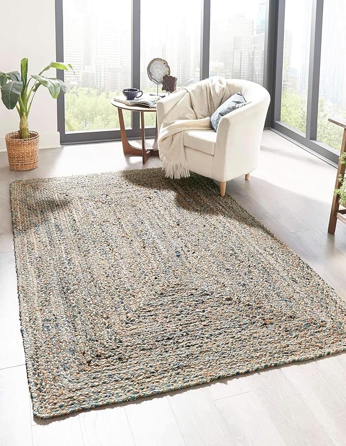 Unique Loom Braided Chindi Collection Casual Modern Blue/Tan Area Rug (5' 0 x 8' 0)