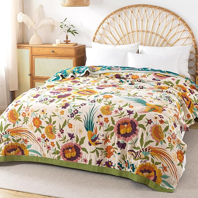Boho Throw Blanket for Bed - 100% Pure Cotton Ultra Soft Rustic Quilt - Farmhouse Decor Bed Blankets, All Season Rustic Throw for Sofa Couch Chair(50"×60", Boho Floral)