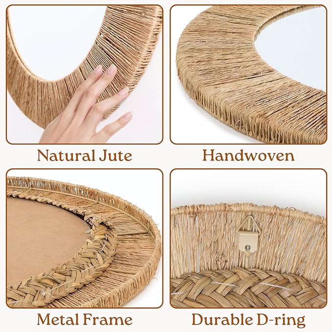 24 Inch Natural Jute Mirror, Wall Mounted Round Mirror with Metal Frame, Wall Decor Rustic Farmhouse Boho Decor Accent for Bathroom, Bedroom, Living Room, or Entryway