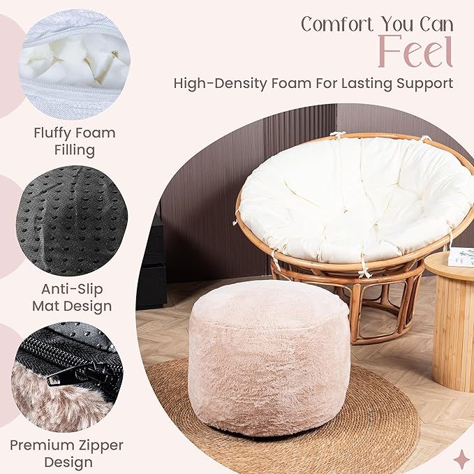 Cozy Plush Beige Pouf | Living Room Ottoman Footrest at 20 x 15 Inches | Soft, Non-Shedding Round Stool Sofa Ottoman with Supportive Foam Filling | Foot Rest for Couch