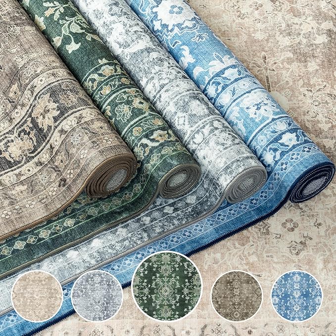 Lessymo 8x10 Area Rugs for Living Room, Machine Washable Non Slip Large Rug, Soft Low Pile Carpet for Bedroom Dining Office, Vintage Dark Green Distressed Floral Floor Decor