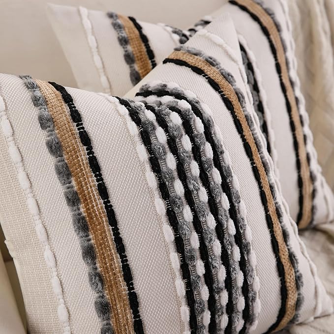 Boho Striped Throw Pillow Covers 18x18 Inch Set of 2 Farmhouse Square Decorative Pillow Covers Chenille Tufted Accent Neutral Pillowcase Black Grey Cushion Cover for Living Room Couch Sofa Bed