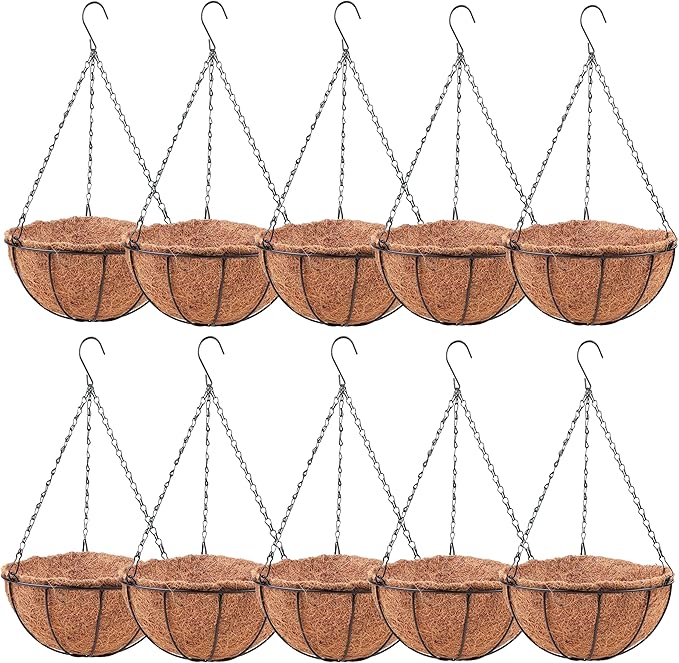 LaLaGreen Hanging Baskets for Plants (10 Pack, 10 Inch) Hanging Planter Outdoor with Coco Liner, Metal Wire Flower Basket Pots Holder Hanger Hook Deck Patio Porch Garden Balcony Outside Decoration