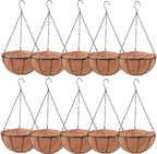 LaLaGreen Hanging Baskets for Outdoor Plants (10 Pack, 14 Inch) Large Hanging Planter with Coco Liner Round Flower Pots, Black Metal Wire Plant Holder Hook Deck Porch Garden Balcony Farmhouse Decor