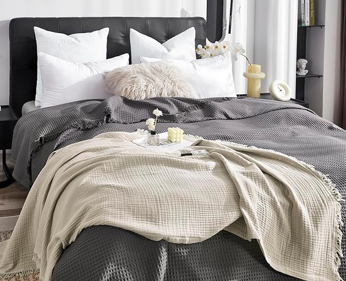KyraHome 100% Organic Cotton Throw Blankets, 90"x90", Pre-Washed Plant Dyed, Breathable Lightweight Soft Gauze Muslin Blankets for Adults, All Season, Oatmeal Khaki
