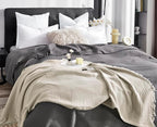 KyraHome 100% Organic Cotton Throw Blankets, 90"x90", Pre-Washed Plant Dyed, Breathable Lightweight Soft Gauze Muslin Blankets for Adults, All Season, Oatmeal Khaki