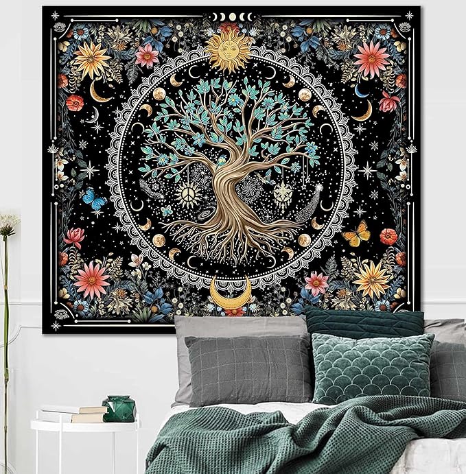 OIOVOIO Tree of Life Tapastry Sun and Moon Tapastry Bohemian Hippie Wishing Tree Tapestries Nature Flower Plant Butterfly Tapestries for Home Decor Bedroom Living Room Dorm Decor (59"x51", Black)