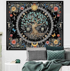 OIOVOIO Tree of Life Tapastry Sun and Moon Tapastry Bohemian Hippie Wishing Tree Tapestries Nature Flower Plant Butterfly Tapestries for Home Decor Bedroom Living Room Dorm Decor (59"x51", Black)