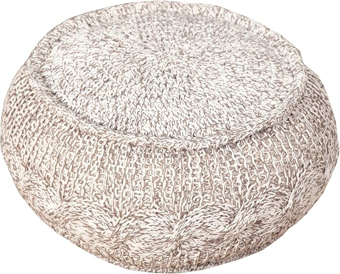 L. R. Resources, Inc. LR Home Beige/White Cable Knit Cotton Pouf for Home Decor | Hand Made Modern Foot Rest for Bedroom & Living Room Décor | 20 x 20 x 12 Stuffed Pouf for Seating