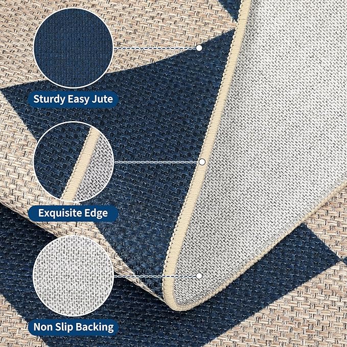 GarveeHome Checkered Easy Jute 5x7 Area Rugs for Living Room Machine Washable Non-Slip Backing Stain Resistant Modern Indoor Outdoor Rugs for Farmhouse Dining Room Patio Navy Blue