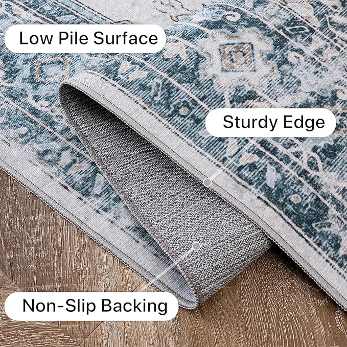 GENIMO 9x12 Area Rugs for Living Room, Machine Washable Non Slip Vintage Rugs, Low Pile Lightweight Chenille Print Rug for Bedroom, Dining Room, Home Office, Blue