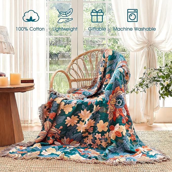 Boho Throw Blanket - 100% Cotton Ultra Soft Muslin Blanket, 60"x80" Lightweight Floral Framhouse Bedding Spring Blanket for Bed, All Season Green Bohemian Bedroom Home Decor Quilt