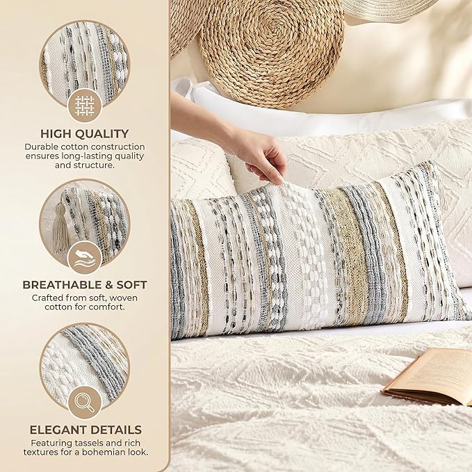 Kevin Textile Spring 14x36 Inch Long Lumbar Pillow Cover 1 Pack Boho Decorative Rectangle Cushion Case Throw Soft Chenille Thread Woven Tufted Textured Accent for Living Room Couch Sofa Bed, Beige