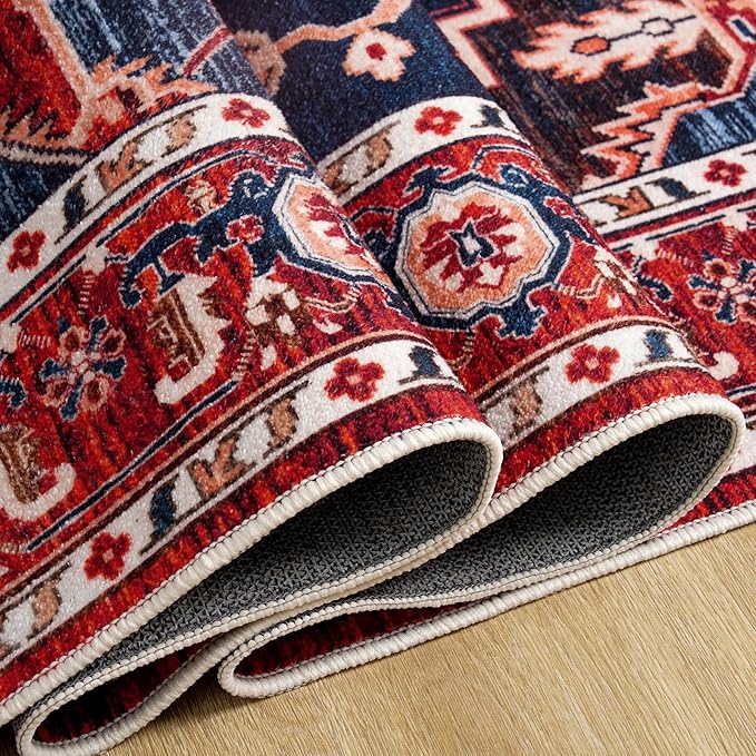Amearea Vintage Design Area Rugs for Living Room, 4x6 Machine Washable Floral Collection Traditional Bedroom Rug, Low Pile Dinning Room Carpet, No Slip Office Kitchen Home Decor, Red and Blue