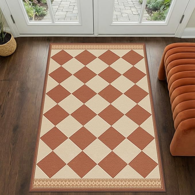 Terracotta Beige Diamond Checkered 3x5 Entryway Rug, Boho Easy Jute Indoor Outdoor Rug, Modern Farmhouse Washable Non Slip Porch Patio Rug for Kitchen, Balcony, Bedroom, Laundry Room, Mudroom