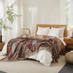 Boho Throw Blanket for Bed 90”x98”, 100% Cotton Woven Blanket for Couch Sofa, Ultra Soft 4-Layer Muslin Quilt with Floral Printed, Farmhouse Bed Blanket/Cover for Living Room Decor