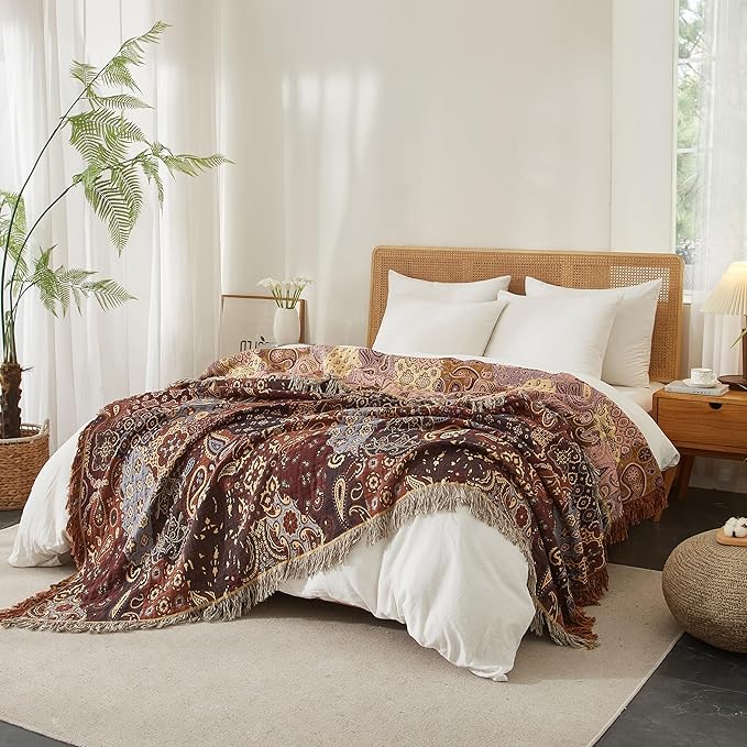 Boho Throw Blanket for Bed 90”x98”, 100% Cotton Woven Blanket for Couch Sofa, Ultra Soft 4-Layer Muslin Quilt with Floral Printed, Farmhouse Bed Blanket/Cover for Living Room Decor