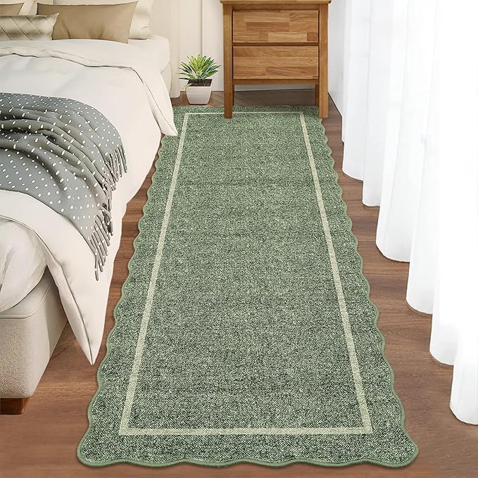 GarveeHome Scalloped Runner Rug for Hallway 2x10 Kitchen Rugs Non Slip Washable Modern Entryway Rug Farmhouse Soft Bathroom Rugs Stain Resistant Carpet for Hallway Laundry Bedroom 2'x10' Greyish Green