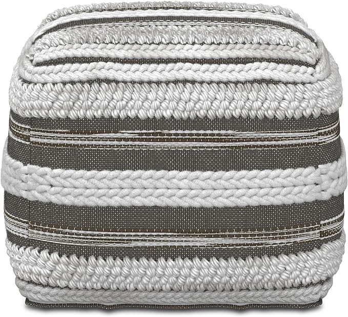 SIMPLIHOME Sommer Boho Square Pouf in Natural/Taupe Grey Handloom Woven Pattern for the Living Room, Bedroom and Kids Room