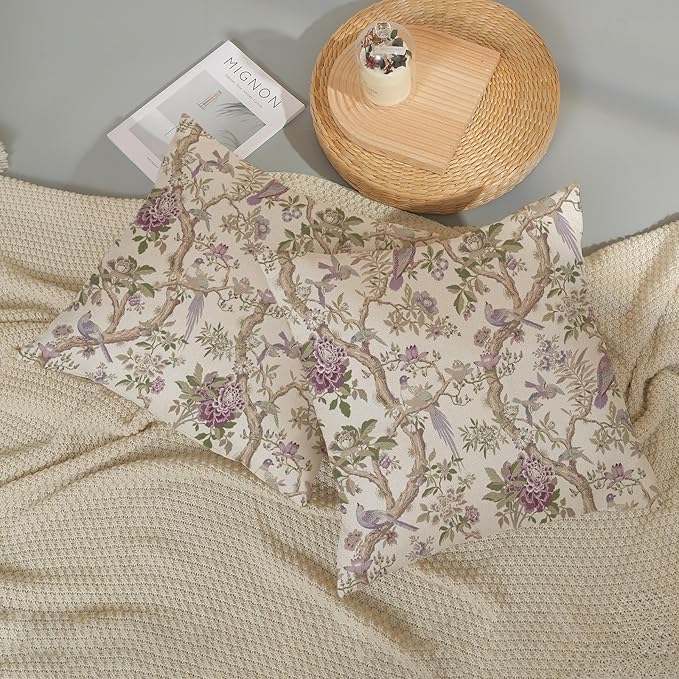 Chinoiserie Pillow Covers 20x20 Set of 2 Purple Green Floral Bird Throw Pillows Vintage Flowers Bird Decorative Pillow Cases Outdoor Chinoiserie Decor Farmhouse Cushion Case for Couch Sofa