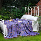 Boho Throw Blanket for Bed 100% Cotton Soft Lightweight Quilt Home Decor Purple Spring Bed Blanket,Floral Embroidery Reversible All Season Breathable Twin Throws for Sofa Couch Chair 60"x80"