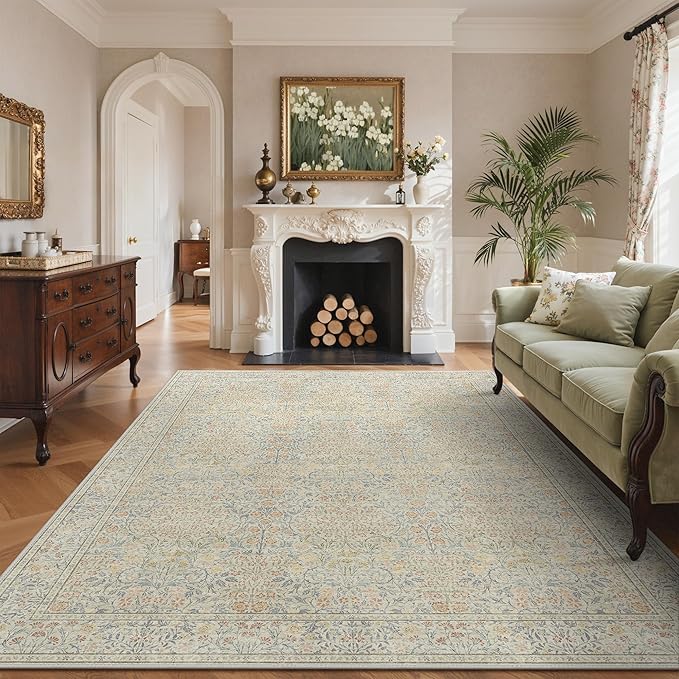GENIMO 6x9 Area Rug for Living Room, Washable Vintage Floral Low-Pile Non-Slip Large Carpet for Bedroom Dining Room, Stain Resistant Botanical Indoor Rug (Beige)