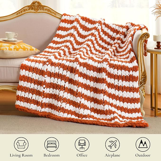 Amélie Home Chunky Knit Throw Blanket for Couch, Soft Chenille Crochet Blanket for Sofa, 50"x60", Burnt Orange & White Striped
