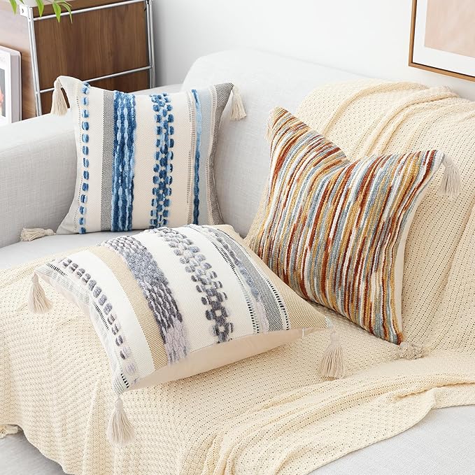 decorUhome Boho Decorative Throw Pillow Covers 18x18 Set of 2, Striped Chenille Tufted Pillow Covers with Tassels for Couch Bed Sofa, Rust
