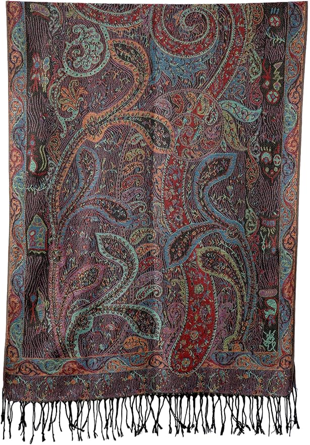 Achillea Reversible Paisley Pashmina Rave Scarf – Exotic Indian Shawls and Wraps for Evening Dresses, Festivals, All Seasons