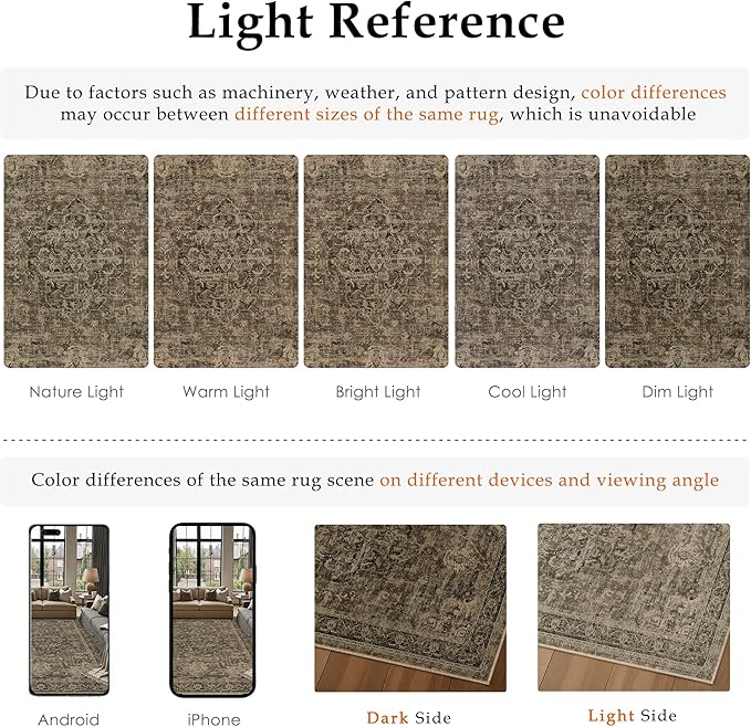 9x12 Washable Area Rug Brown Vintage Distressed Large Rug for Living Room Oriental Soft Thin Indoor Retro Carpet Non Slip Low Pile Floor Cover for Bedroom Dining Room Office Nursery